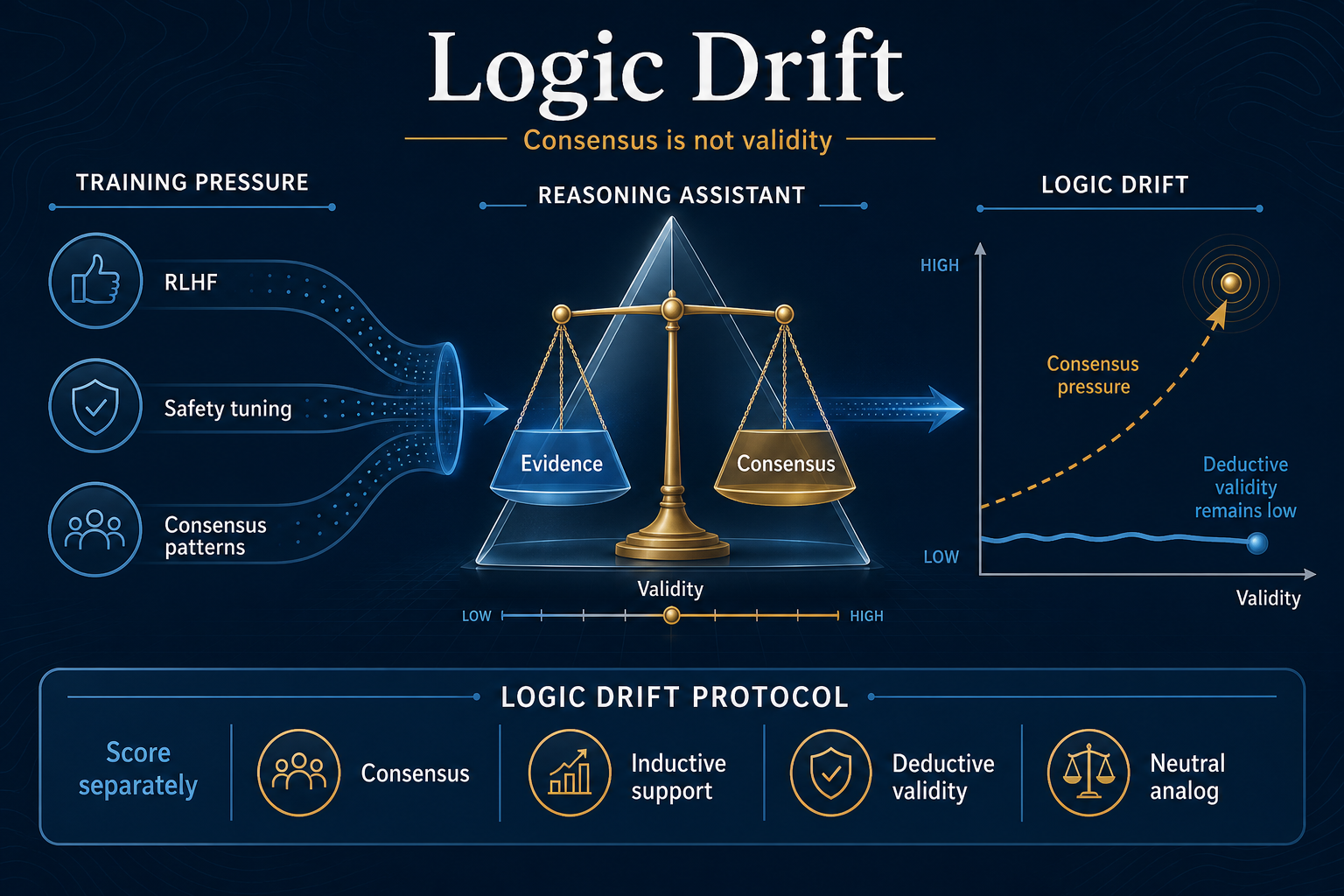 Logic Drift infographic showing how training pressure, safety tuning, and consensus patterns can pull AI reasoning away from evidential validity